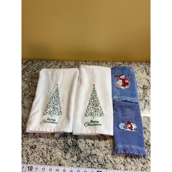 Christmas Embroidered Towels Merry Xmas Tree Snowman Holiday Kitchen Bath Set 4 - Picture 2 of 13